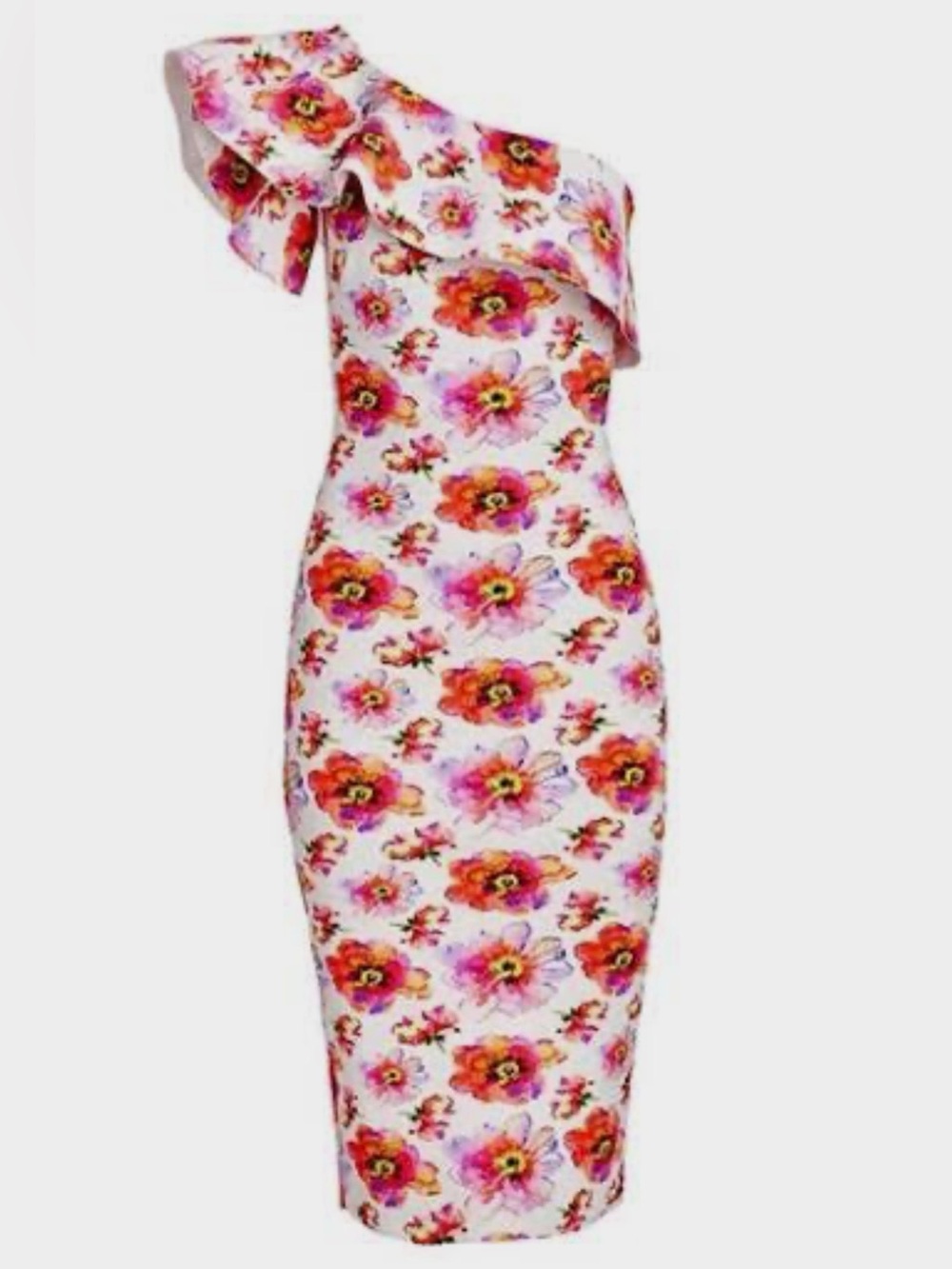 Chiara Boni Couture Floral One-Shoulder Dress with Pink, Orange & Purple Blooms